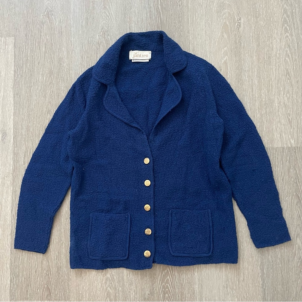 Vintage Jantzen 1960s Blue Gold Buttons Sweater Cardigan Medium 60s Made In USA